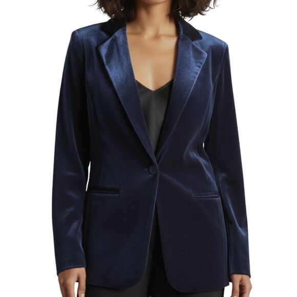 TAHARI Navy Blue Velvet Blazer Jacket | Single Button Formal Office Small (S) - Picture 1 of 13